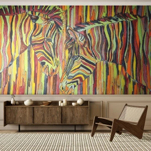 Fotomural Premium Sand - Cebras coloridas en un enfoque artístico - 100x70cm - Y tú también... - Decoración de pared moderna para salón y dormitorio ARTTOR