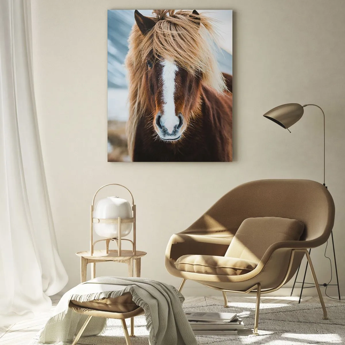 Cuadro sobre vidrio - Impresiones sobre Vidrio - Un caballo frente a un paisaje montañoso en invierno. - 50x70cm - ¿Puedes sentir la libertad? - Decoración de pared moderna para salón y dormitorio ARTTOR