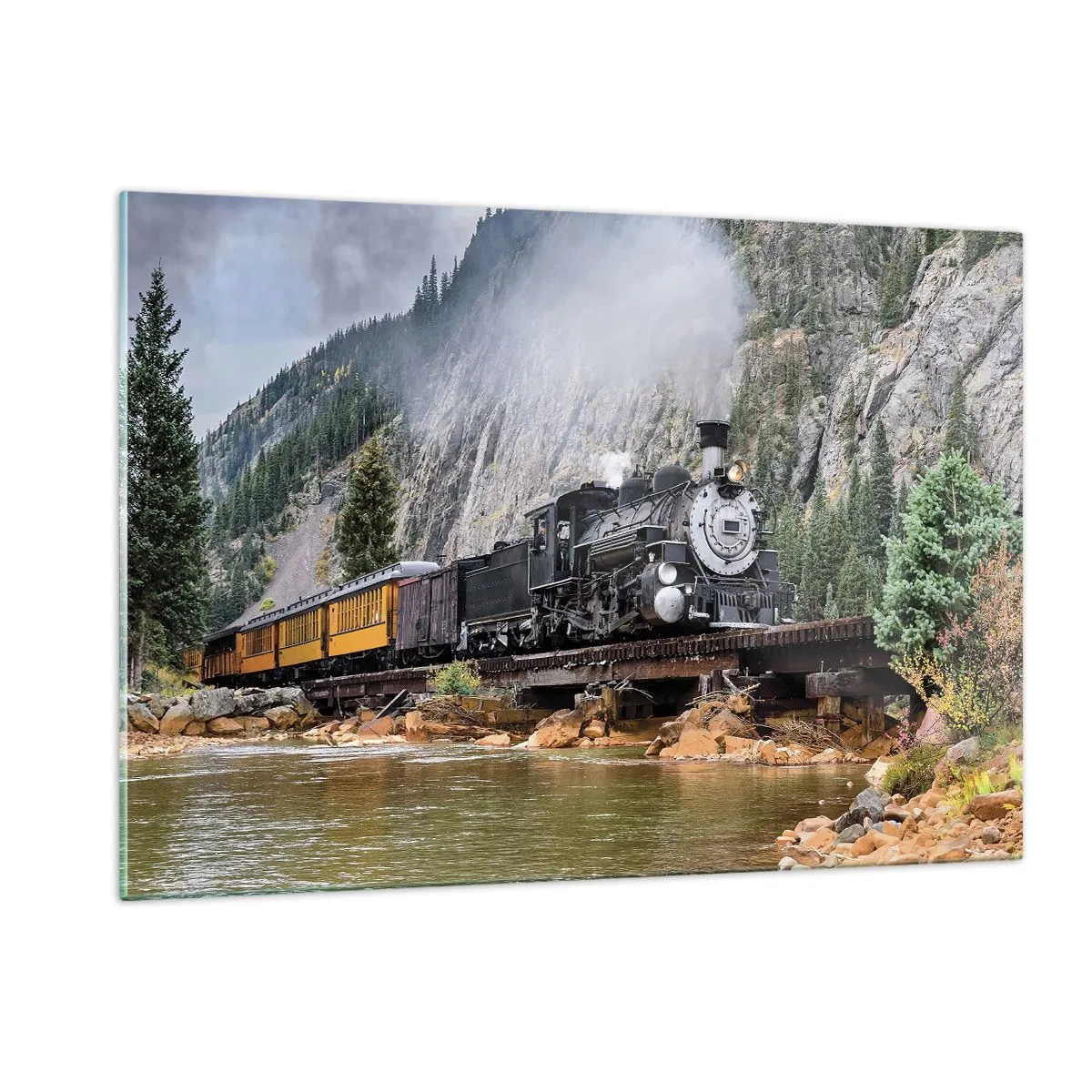 Cuadro sobre vidrio - Impresiones sobre Vidrio - Una locomotora de vapor en un puente en las montañas. - 120x80cm - ¿Adónde me llevas? - Decoración de pared moderna para salón y dormitorio ARTTOR
