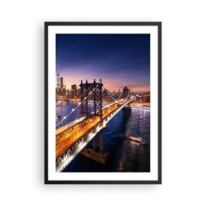 Póster en marco negro - Puente de la ciudad de Nueva York de noche con vistas a la ciudad - 50x70cm - Un puente luminoso hacia el corazón de la ciudad - Decoración de pared moderna para salón y dormitorio ARTTOR