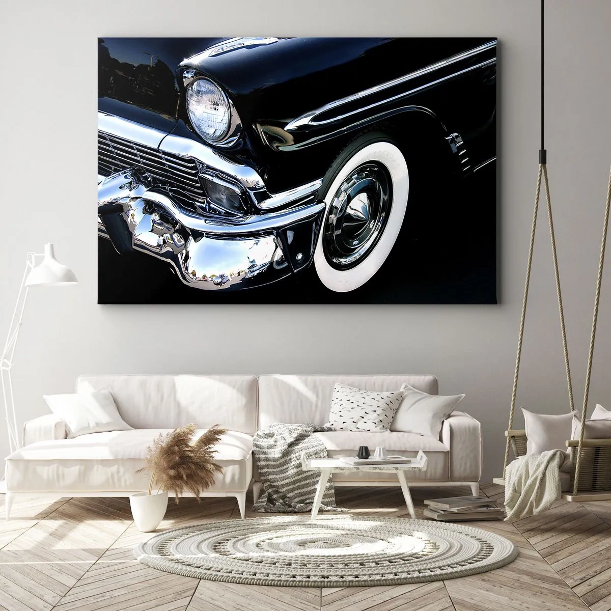 Cuadro sobre lienzo - Impresión de Imagen - Primer plano del faro y el guardabarros de un coche clásico negro - 100x70cm - Clásicos en plata, negro y blanco - Decoración de pared moderna para salón y dormitorio ARTTOR