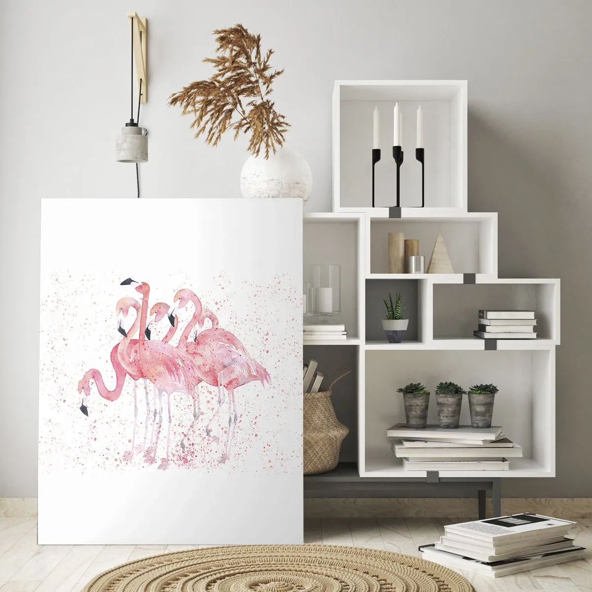 Cuadro sobre vidrio - Impresiones sobre Vidrio - Flamencos de acuarela sobre un fondo claro con delicadas manchas. - 50x70cm - Asamblea rosa - Decoración de pared moderna para salón y dormitorio ARTTOR
