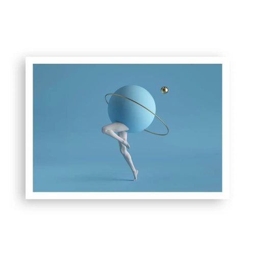 Póster - Una esfera azul con una órbita y piernas humanas contra el cielo. - 100x70cm - Y los planetas se vuelven locos - Decoración de pared moderna para salón y dormitorio ARTTOR