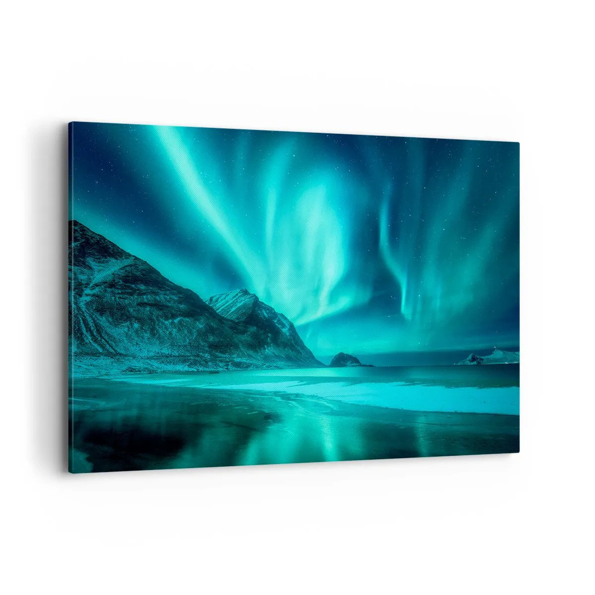 Cuadro sobre lienzo - Impresión de Imagen - Aurora boreal sobre un paisaje invernal montañoso - 100x70cm - Maravillas del norte - Decoración de pared moderna para salón y dormitorio ARTTOR