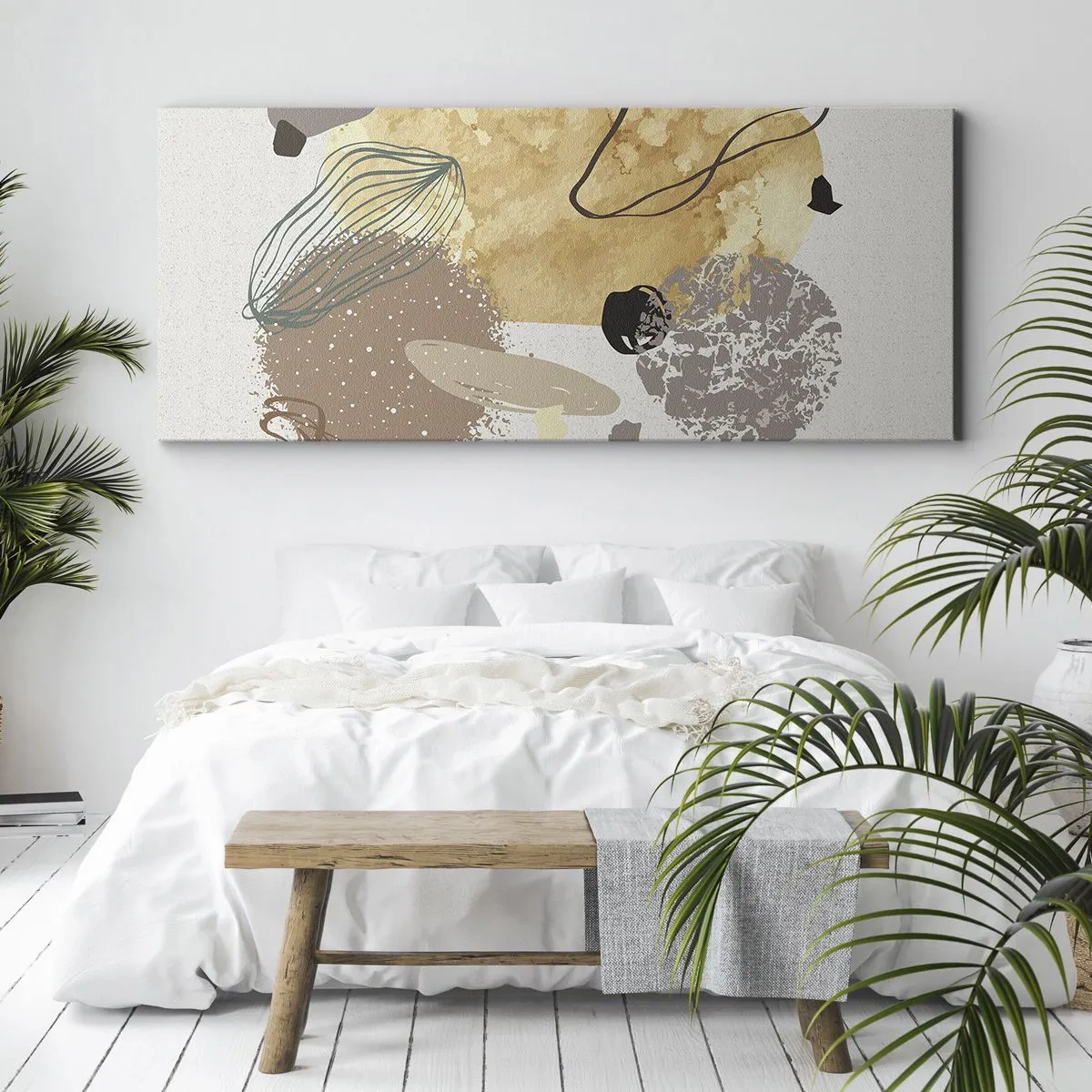 Cuadro sobre lienzo - Impresión de Imagen - Una composición de formas abstractas en beige y amarillo. - 140x50cm - Plumología aplicada - Decoración de pared moderna para salón y dormitorio ARTTOR