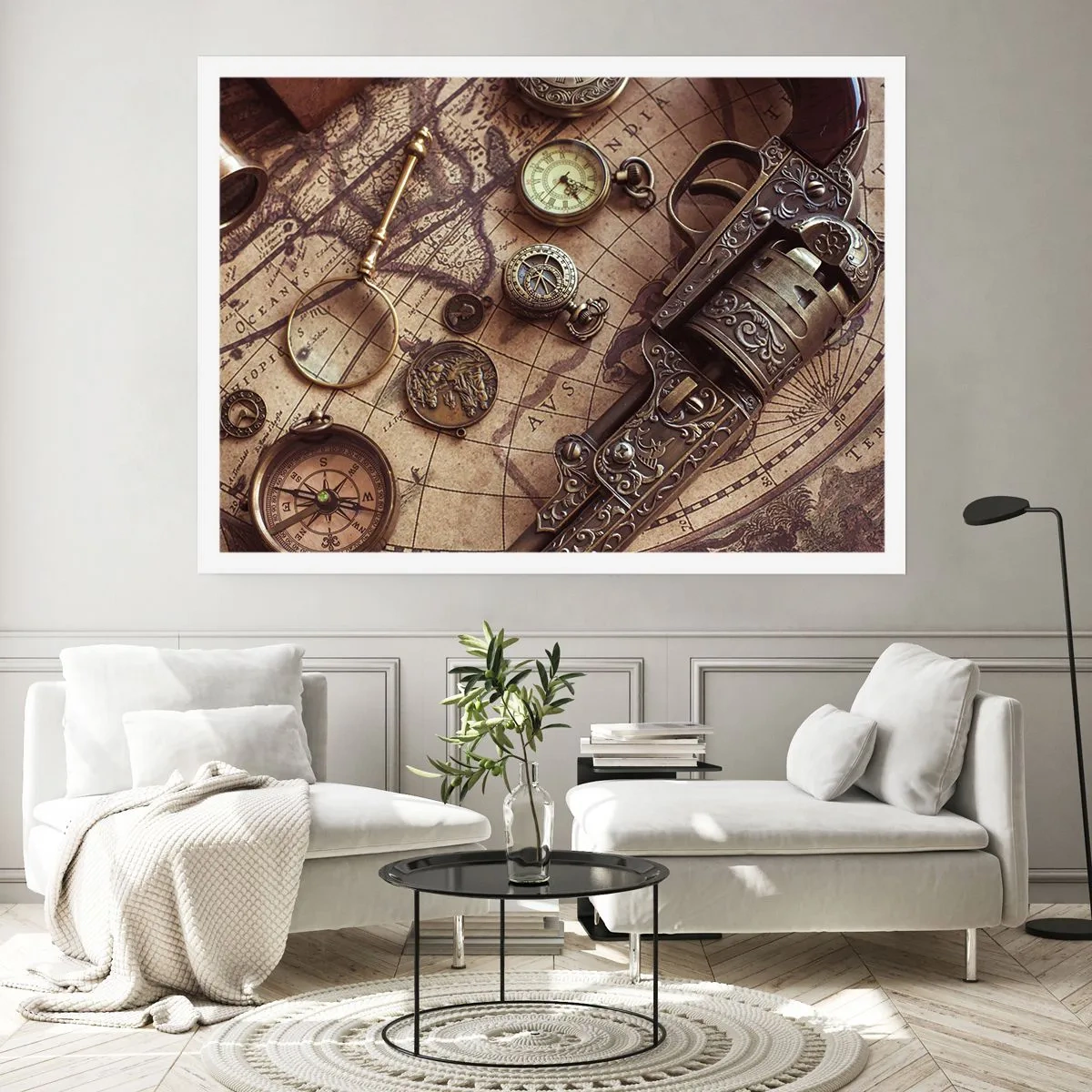 Póster - Objetos antiguos en un mapa antiguo en estilo retro. - 100x70cm - La aventura llama - Decoración de pared moderna para salón y dormitorio ARTTOR