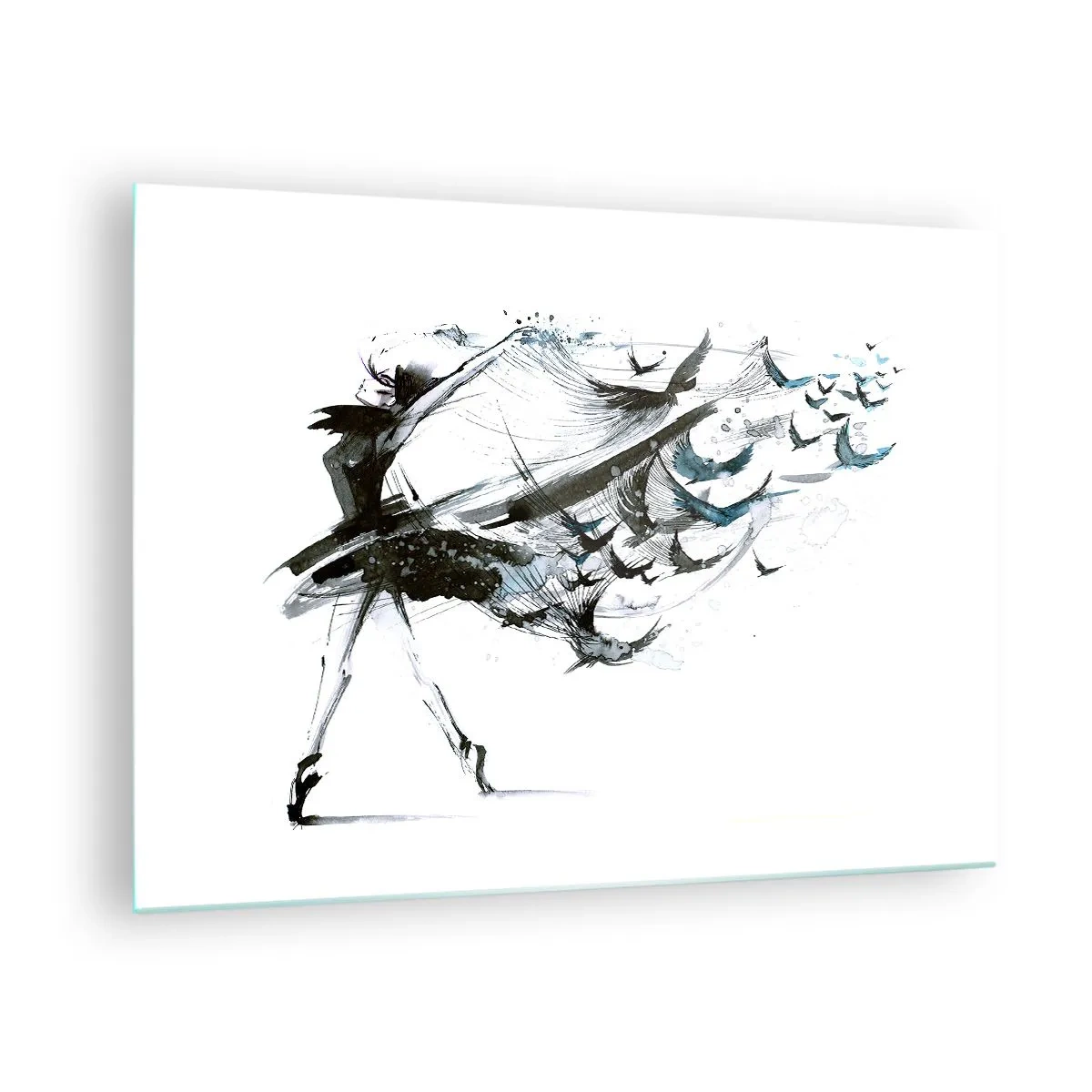 Cuadro sobre vidrio - Impresiones sobre Vidrio - Bailarina en movimiento con pájaros flotantes - 70x50cm - La magia de la música te hace libre - Decoración de pared moderna para salón y dormitorio ARTTOR