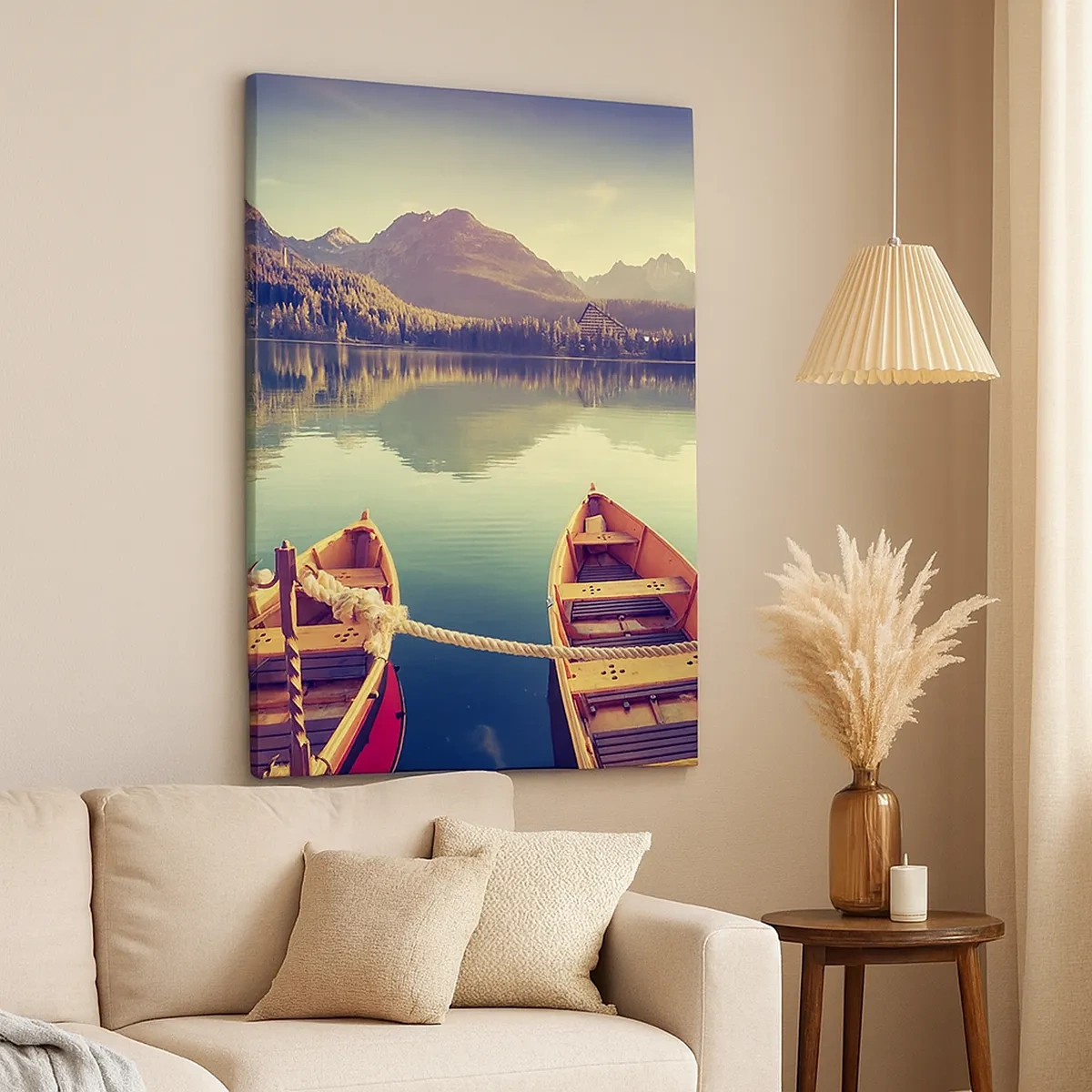 Cuadro sobre lienzo - Impresión de Imagen - Barcos en un lago tranquilo rodeado de montañas al atardecer - 50x70cm - Para vivir según sus leyes - Decoración de pared moderna para salón y dormitorio ARTTOR