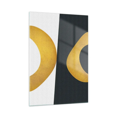 Cuadro sobre vidrio - Impresiones sobre Vidrio - Formas geométricas doradas sobre un fondo blanco y negro. - 50x70cm - Blanco, negro, dorado - Decoración de pared moderna para salón y dormitorio ARTTOR