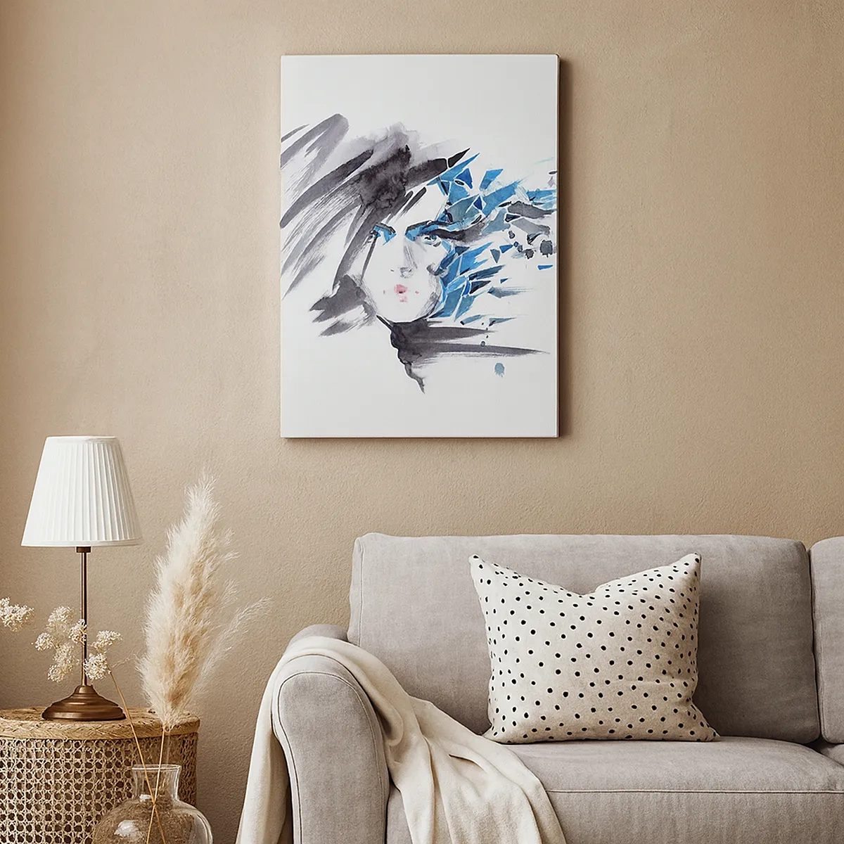 Cuadro sobre lienzo - Impresión de Imagen - Pintura facial artística de acuarela con acentos azules. - 50x70cm - Un sensual retrato en gris y azul - Decoración de pared moderna para salón y dormitorio ARTTOR