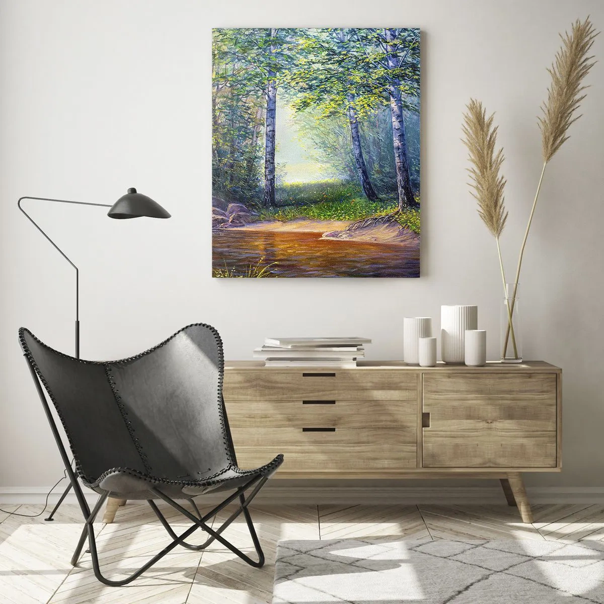 Cuadro sobre vidrio - Impresiones sobre Vidrio - Un arroyo forestal rodeado de abedules y sol. - 80x120cm - Paisaje idílico - Decoración de pared moderna para salón y dormitorio ARTTOR