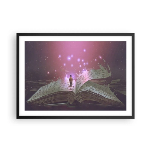 Póster en marco negro - Una figura pisa un libro abierto bajo una luz mágica. - 70x50cm - Una invitación a otro mundo - Decoración de pared moderna para salón y dormitorio ARTTOR