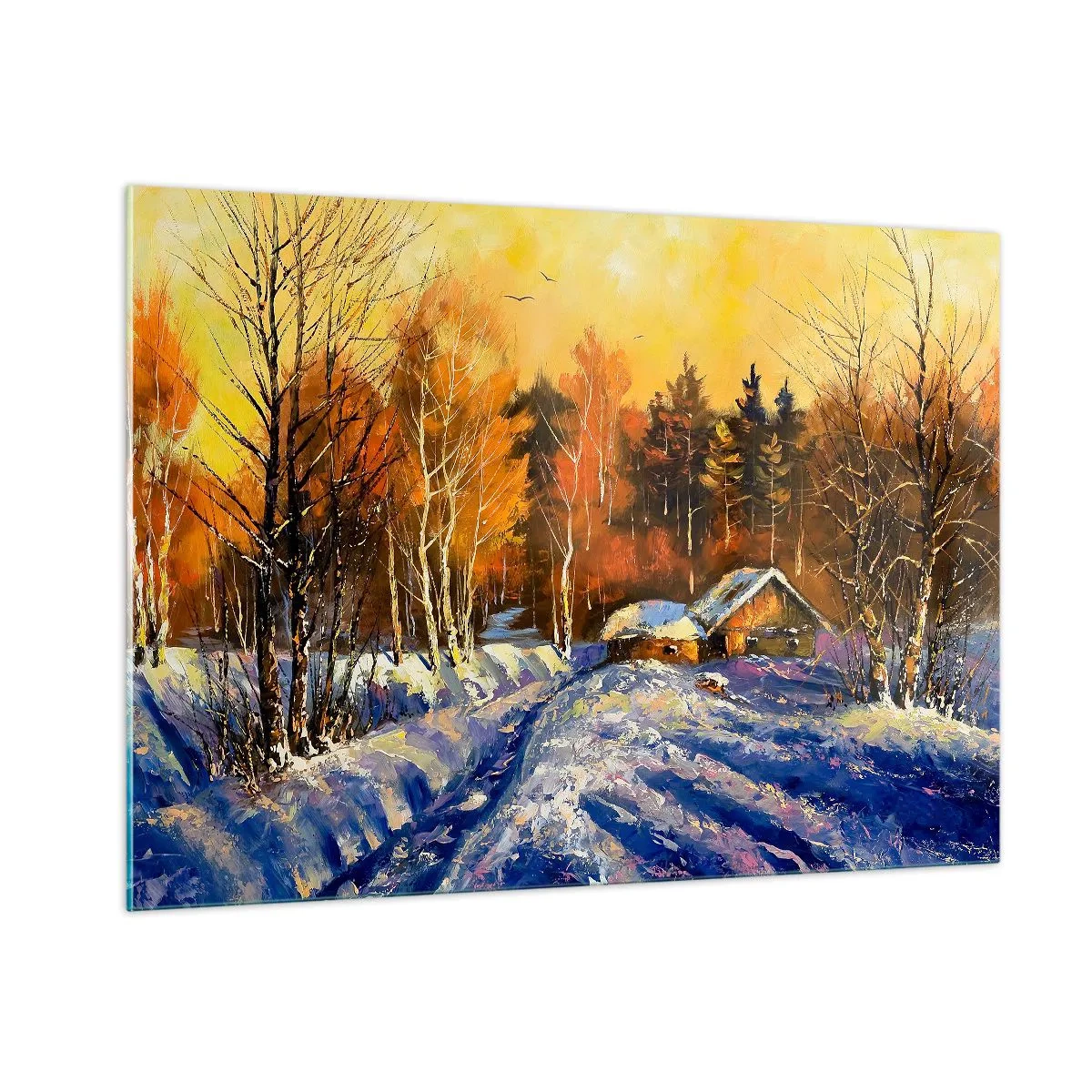 Cuadro sobre vidrio - Impresiones sobre Vidrio - Paisaje invernal con una cabaña de madera al atardecer - 100x70cm - Una impresión invernal al sol - Decoración de pared moderna para salón y dormitorio ARTTOR