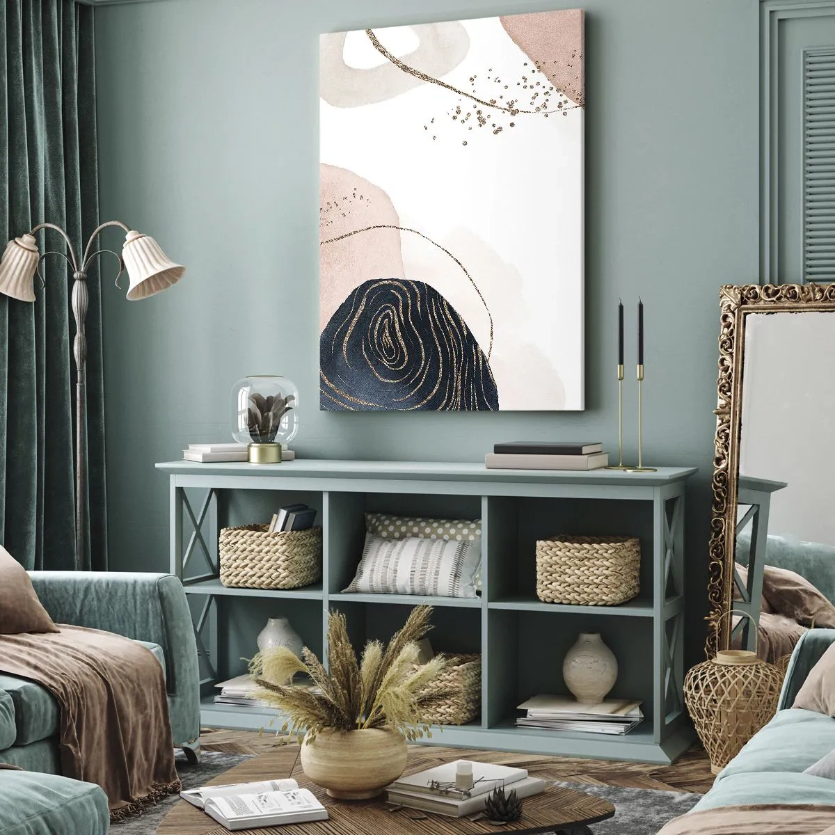 Cuadro sobre lienzo - Impresión de Imagen - Formas abstractas en tonos beige y azul marino con detalles dorados. - 80x120cm - Todo fluye - Decoración de pared moderna para salón y dormitorio ARTTOR