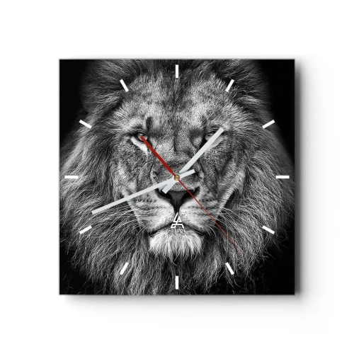 Reloj de pared - Reloj de vidrio - Retrato de un majestuoso león en blanco y negro - 30x30cm - Con el atuendo de la coronación - Decoración de pared moderna para salón y dormitorio ARTTOR