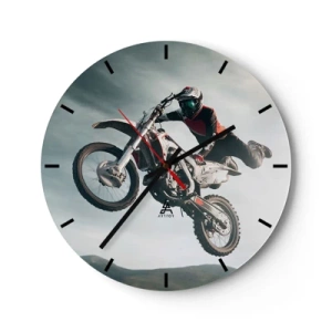 Reloj de pared - Reloj de vidrio - Un motociclista vuela por el aire durante un salto dinámico en su motocicleta. - 30x30cm - No hay diversión sin riesgo - Decoración de pared moderna para salón, cocina y dormitorio ARTTOR