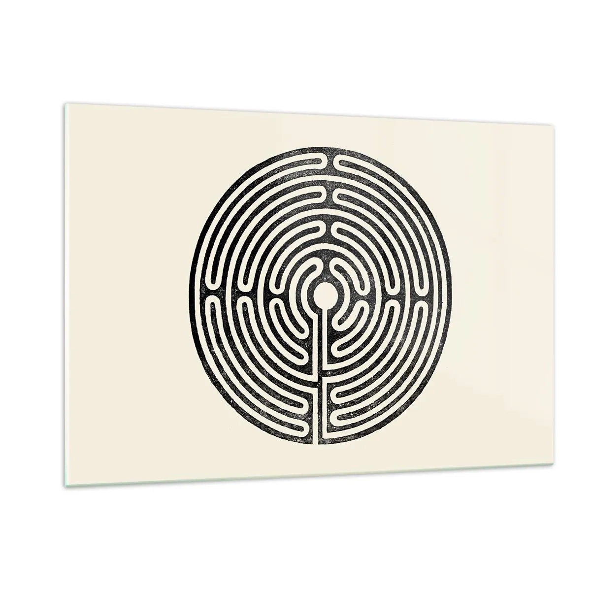Cuadro sobre vidrio - Impresiones sobre Vidrio - Un laberinto en blanco y negro en forma circular sobre un fondo claro. - 120x80cm - Orden misterioso - Decoración de pared moderna para salón y dormitorio ARTTOR