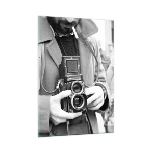 Cuadro sobre vidrio - Impresiones sobre Vidrio - Fotografía en blanco y negro de un hombre con una cámara analógica. - 50x70cm - En estilo retro - Decoración de pared moderna para salón y dormitorio ARTTOR