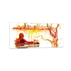 Cuadro sobre vidrio - Impresiones sobre Vidrio - Escena de acuarela de una mujer en un banco con vistas a la ciudad. - 120x50cm - Un momento de reflexión - Decoración de pared moderna para salón y dormitorio ARTTOR