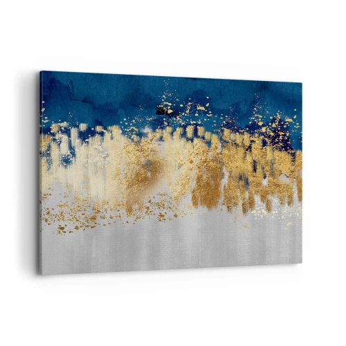 Cuadro sobre lienzo - Impresión de Imagen - Una composición abstracta en tonos dorados y azul marino. - 100x70cm - Composición moderna con chispas - Decoración de pared moderna para salón y dormitorio ARTTOR