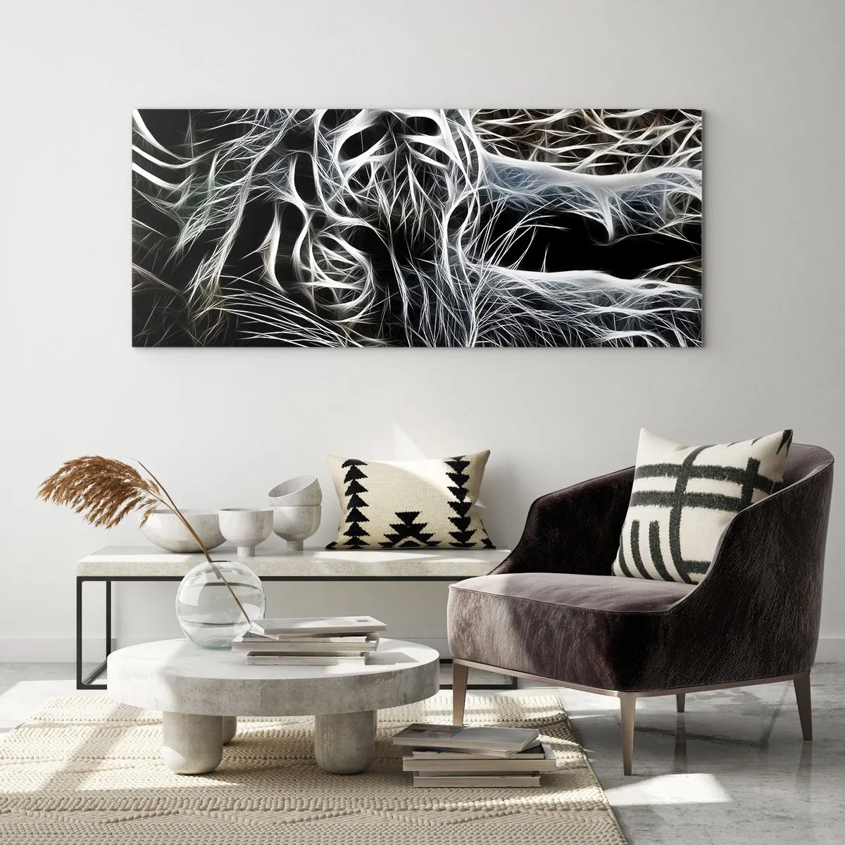 Cuadro sobre vidrio - Impresiones sobre Vidrio - Un patrón abstracto que representa la silueta de un gato sobre un fondo negro. - 160x50cm - Un estudio sobre la ligereza felina - Decoración de pared moderna para salón y dormitorio ARTTOR
