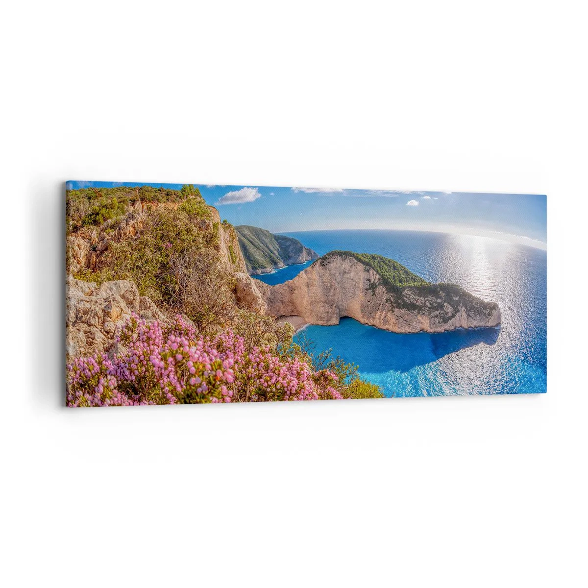 Cuadro sobre lienzo - Impresión de Imagen - Un acantilado con flores, un mar turquesa y un soleado paisaje griego. - 120x50cm - Mis grandes vacaciones en Grecia - Decoración de pared moderna para salón y dormitorio ARTTOR