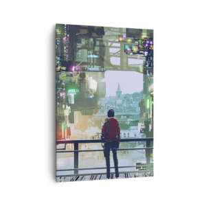 Cuadro sobre lienzo - Impresión de Imagen - Una figura en una ciudad futurista con luces de neón. - 70x100cm - Dos mundos - Decoración de pared moderna para salón y dormitorio ARTTOR