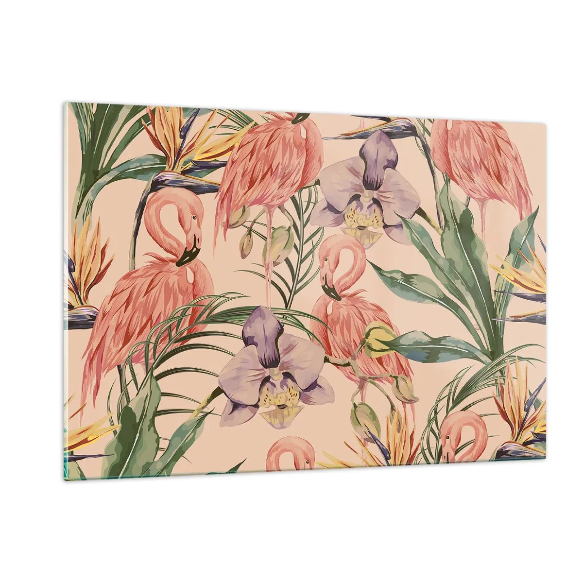 Cuadro sobre vidrio - Impresiones sobre Vidrio - Flamencos rodeados de flores y plantas tropicales. - 120x80cm - Un ballet rosa en flores - Decoración de pared moderna para salón y dormitorio ARTTOR