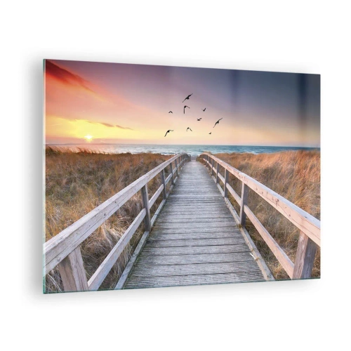 Cuadro sobre vidrio - Impresiones sobre Vidrio - Una pasarela de madera sobre las dunas que conduce a la playa al atardecer. - 70x50cm - Camino a lo desconocido - Decoración de pared moderna para salón y dormitorio ARTTOR