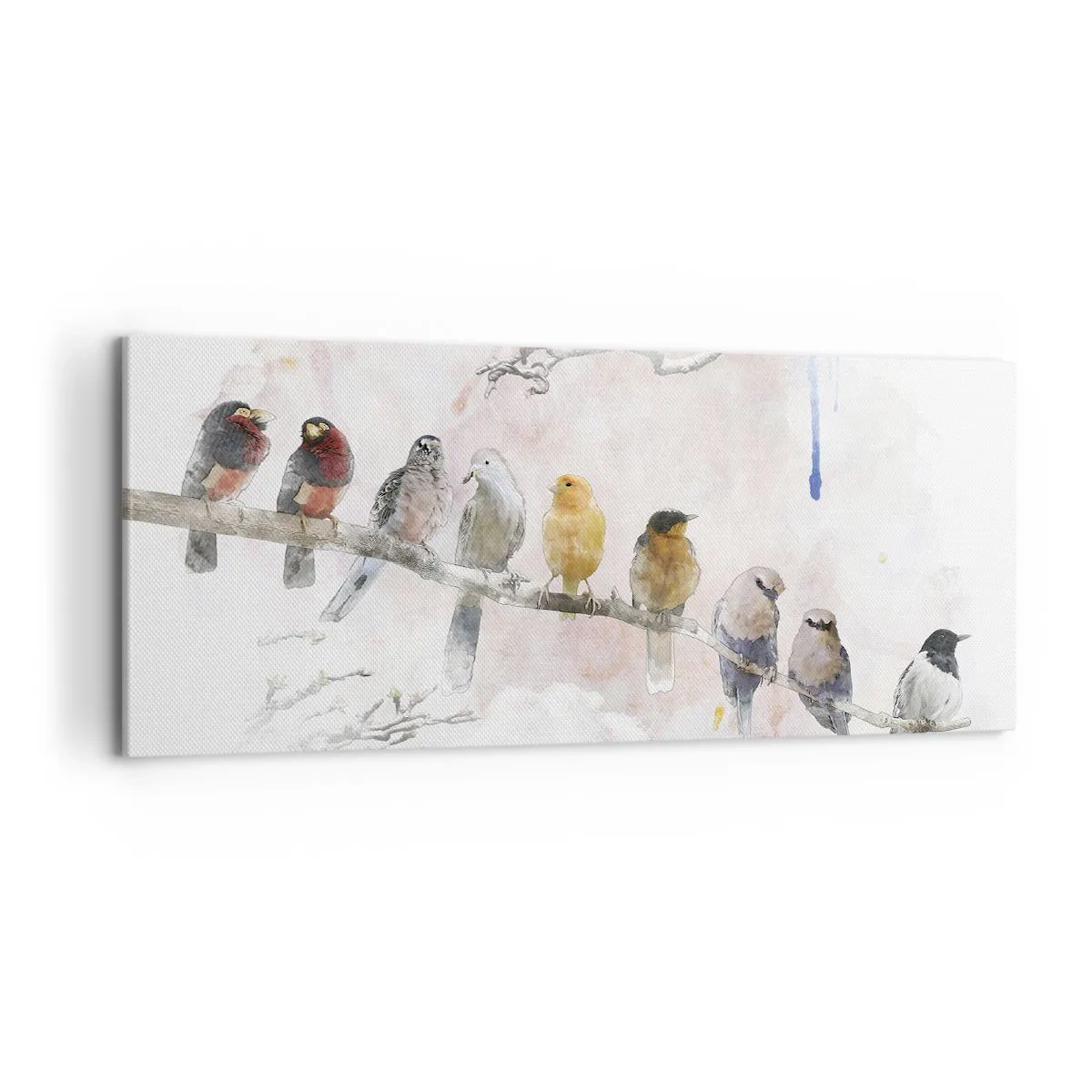 Cuadro sobre lienzo - Impresión de Imagen - Pájaros coloridos en una rama en estilo acuarela. - 120x50cm - Reunión alada - Decoración de pared moderna para salón y dormitorio ARTTOR