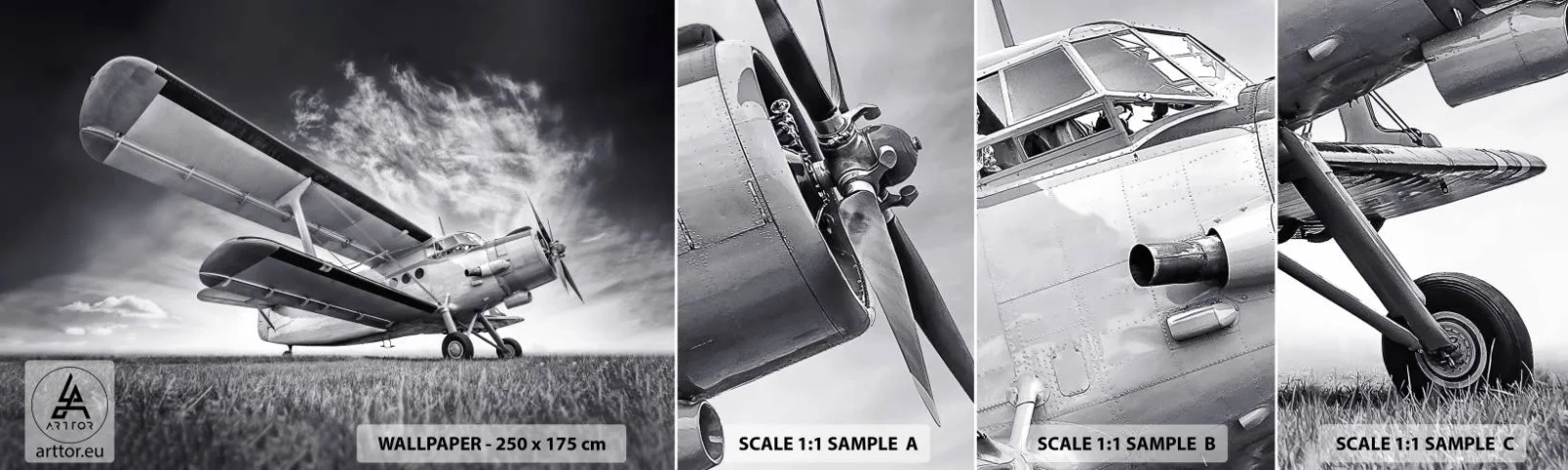 Muestra de fotomural autoadhesivo Deluxe Sticker - El vagamundo alado - Avión, Aeronave, En blanco y negro - 100x30 cm