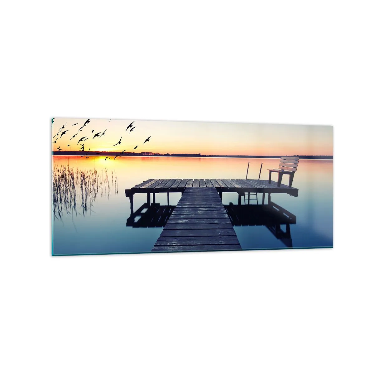 Cuadro sobre vidrio - Impresiones sobre Vidrio - Muelle de madera en un lago al amanecer con pájaros - 120x50cm - Fue un buen día - Decoración de pared moderna para salón y dormitorio ARTTOR