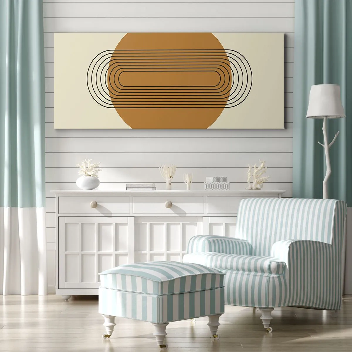 Cuadro sobre lienzo - Impresión de Imagen - Patrón geométrico con círculos y líneas naranjas. - 140x50cm - El plan perfecto - Decoración de pared moderna para salón y dormitorio ARTTOR