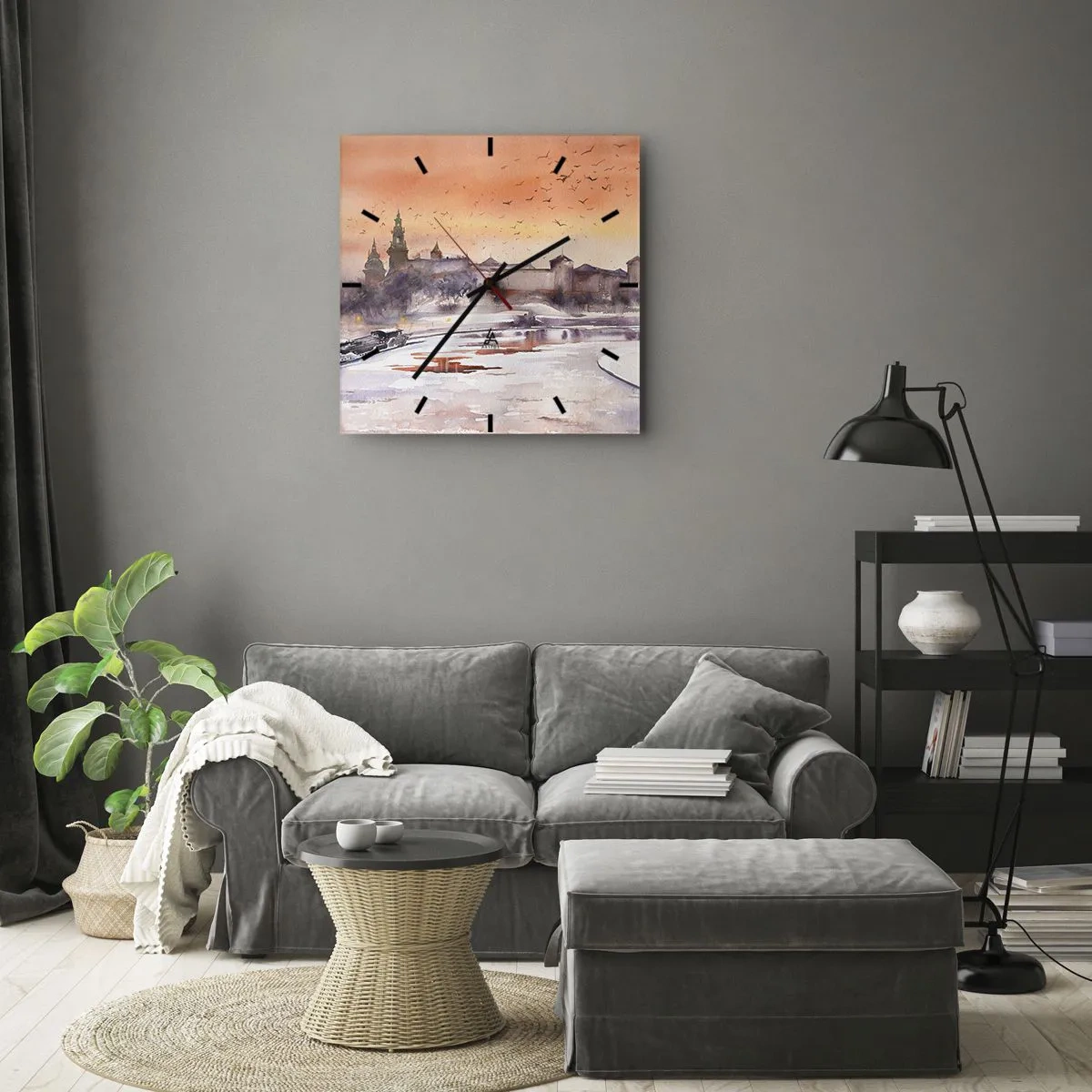Reloj de pared - Reloj de vidrio - Puesta de sol sobre el castillo en un paisaje invernal - 30x30cm - Atardecer real - Decoración de pared moderna para salón y dormitorio ARTTOR