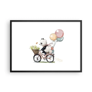 Póster en marco negro - Panda en bicicleta con globos y flores. - 70x50cm - Un día feliz - Decoración de pared moderna para salón y dormitorio ARTTOR