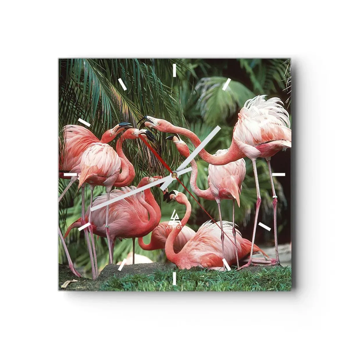 Reloj de pared - Reloj de vidrio - Un grupo de flamencos en un entorno tropical rodeado de palmeras. - 30x30cm - Cotilleos de la tarde - Decoración de pared moderna para salón y dormitorio ARTTOR