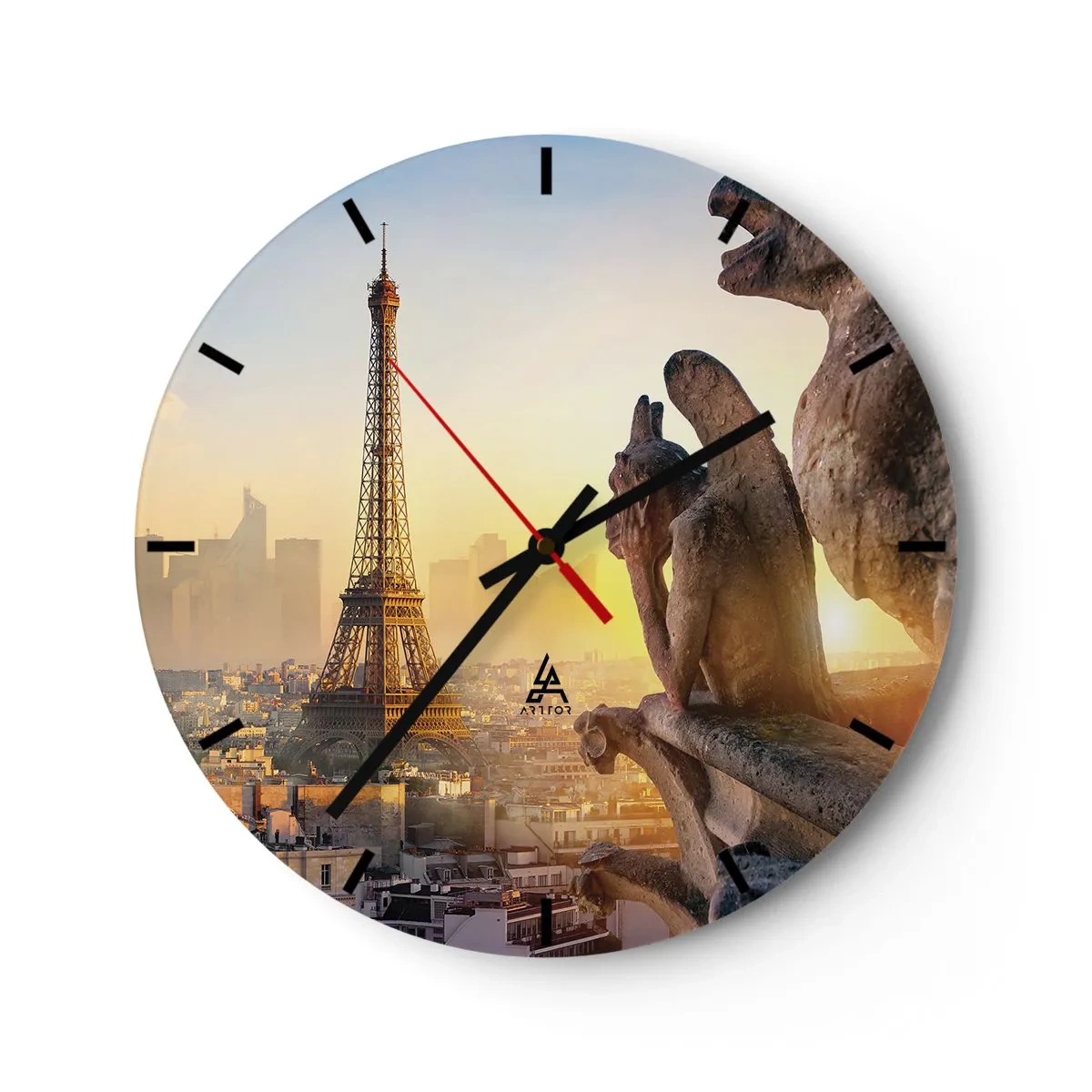 Reloj de pared - Reloj de vidrio - Panorama de la ciudad al atardecer con vista a la torre y esculturas. - 30x30cm - Ha cambiado tanto la ciudad... - Decoración de pared moderna para salón, cocina y dormitorio ARTTOR