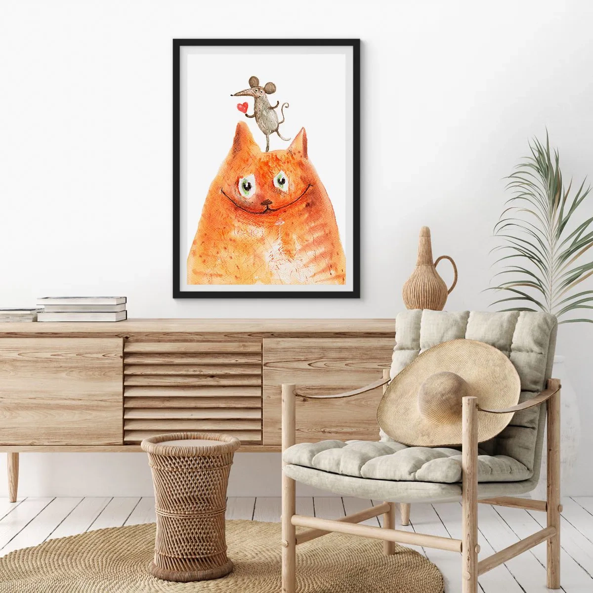 Póster en marco negro - Un gato con un ratón sosteniendo un corazón en su cabeza. - 50x70cm - Paradojas del amor - Decoración de pared moderna para salón y dormitorio ARTTOR