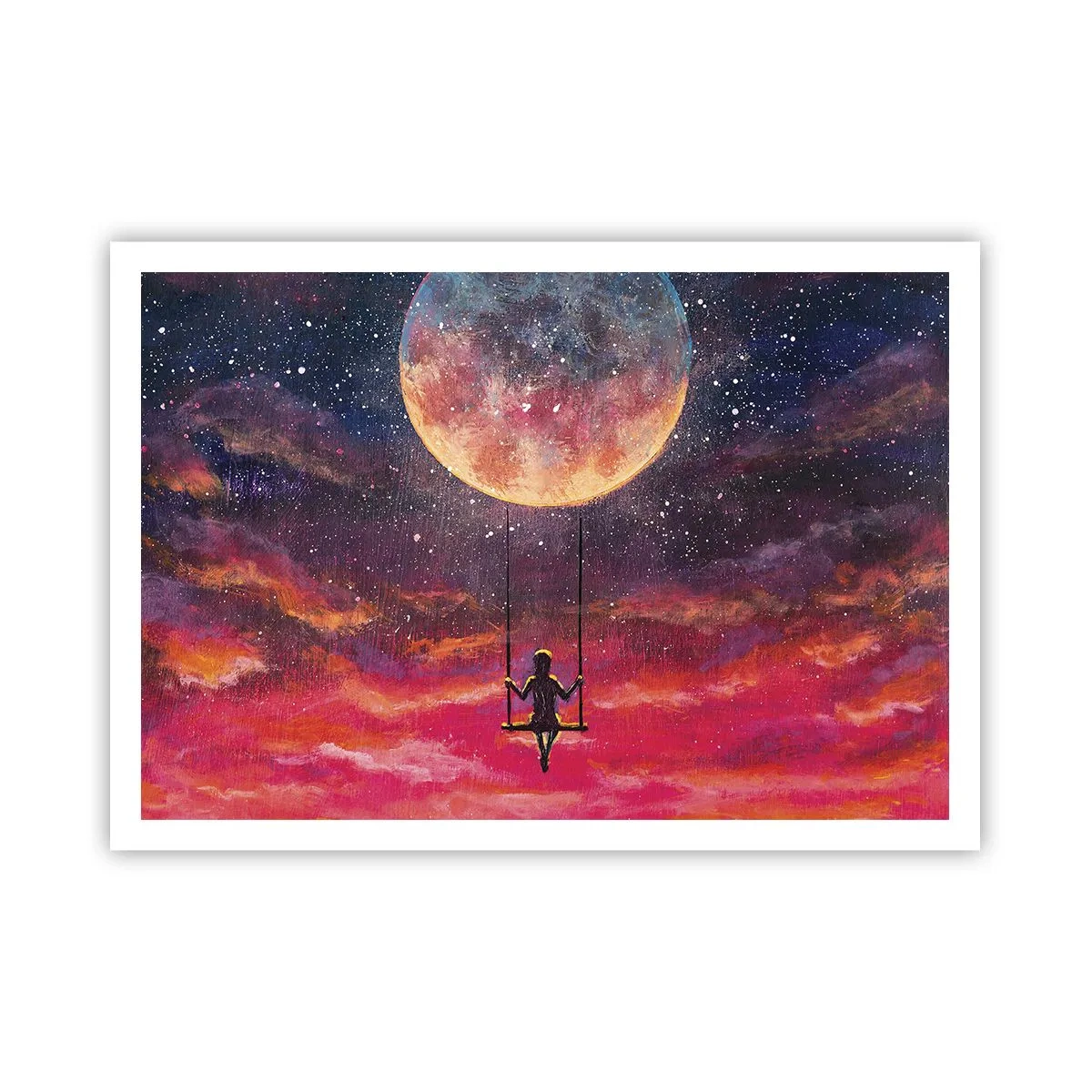 Póster - Una figura en un columpio suspendido contra la luna. - 100x70cm - Disfrutar de las nubes - Decoración de pared moderna para salón y dormitorio ARTTOR