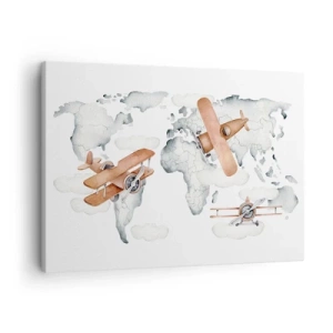 Cuadro sobre lienzo - Impresión de Imagen - Ilustración de un mapa del mundo con aviones - 70x50cm - Con espíritu pionero - Decoración de pared moderna para salón y dormitorio ARTTOR