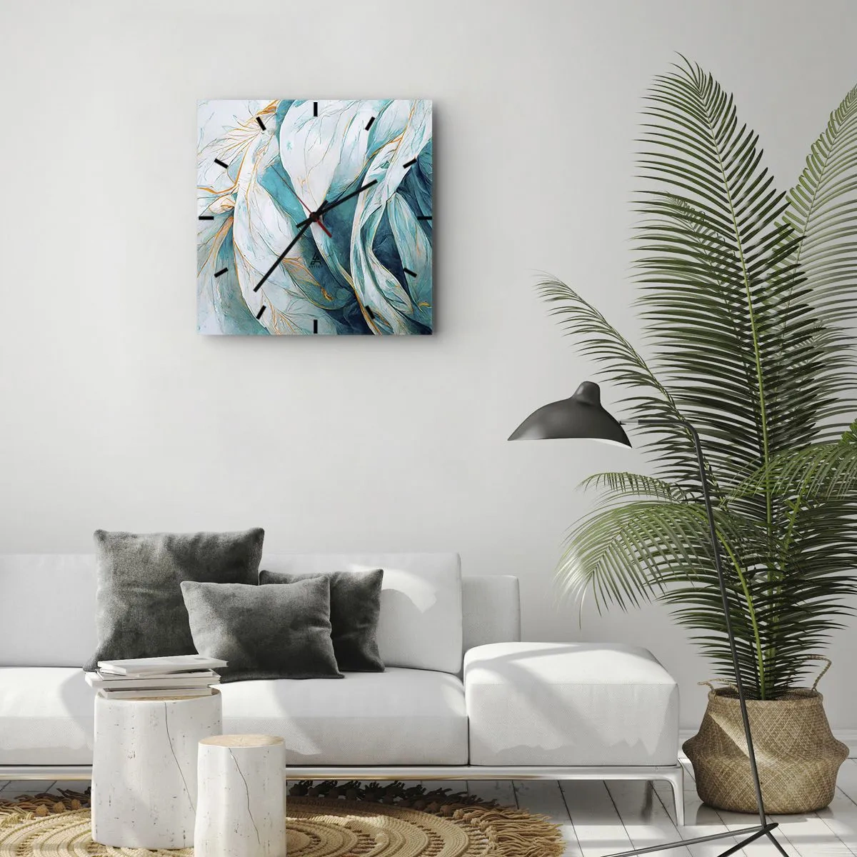 Reloj de pared - Reloj de vidrio - Abstracción azul con motivos dorados - 40x40 cm