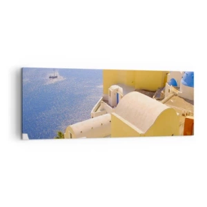 Cuadro sobre lienzo - Impresión de Imagen - Arquitectura griega con vistas al mar y un barco al fondo. - 140x50cm - Paisaje griego en blanco y azul - Decoración de pared moderna para salón y dormitorio ARTTOR