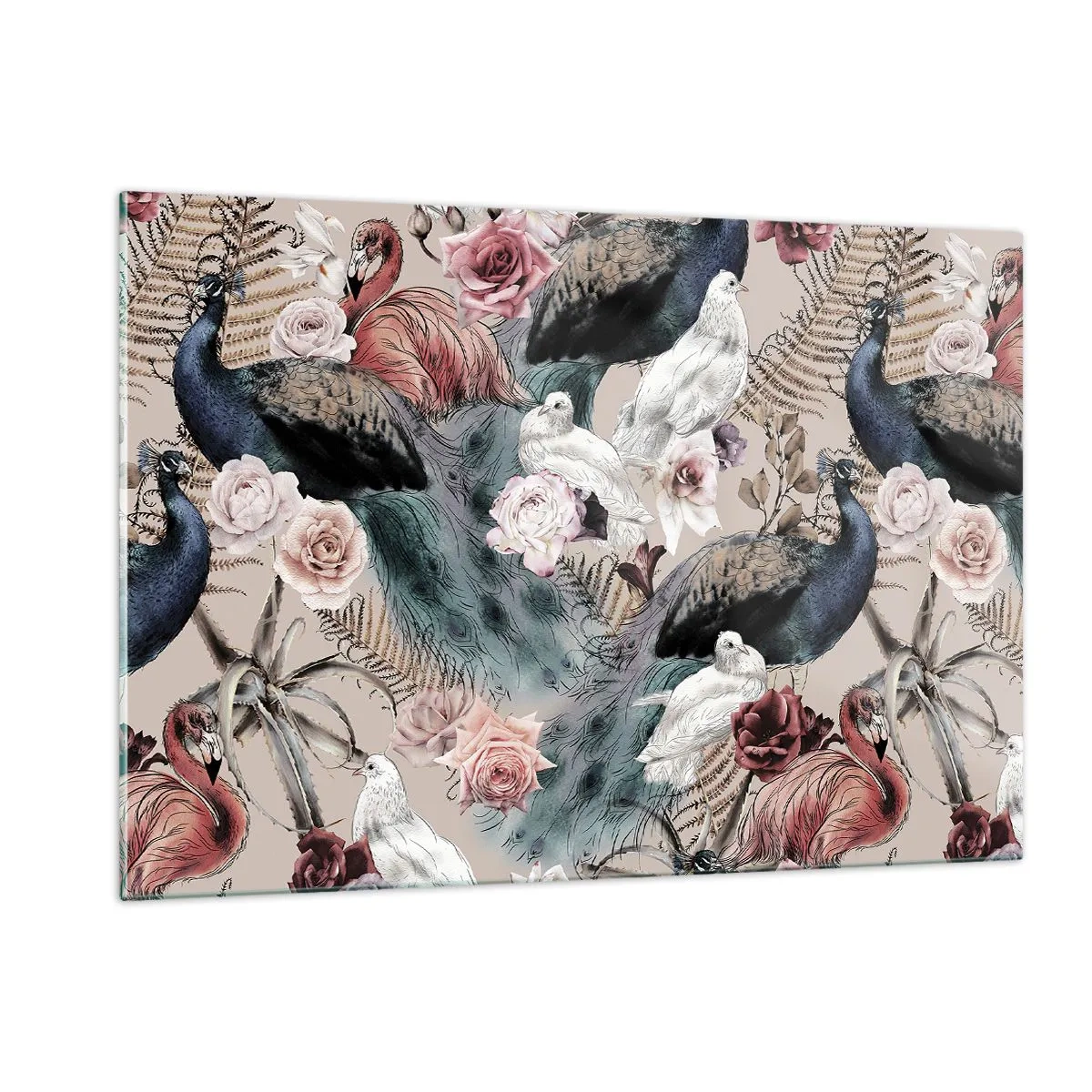 Cuadro sobre vidrio - Impresiones sobre Vidrio - Pavos reales y flamencos rodeados de rosas y helechos. - 120x80cm - En un jardín de palacio - Decoración de pared moderna para salón y dormitorio ARTTOR