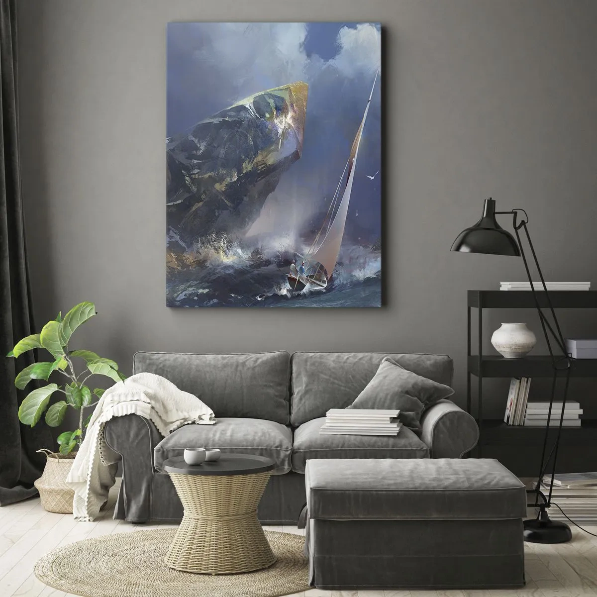 Cuadro sobre lienzo - Impresión de Imagen - Un velero en medio de una tormenta al pie de una enorme roca. - 80x120cm - La gloria es para los valientes - Decoración de pared moderna para salón y dormitorio ARTTOR
