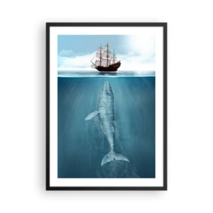 Póster en marco negro - Un barco en la superficie del agua con una ballena debajo, en una toma surrealista. - 50x70cm - Mejor no saber lo que te espera - Decoración de pared moderna para salón y dormitorio ARTTOR