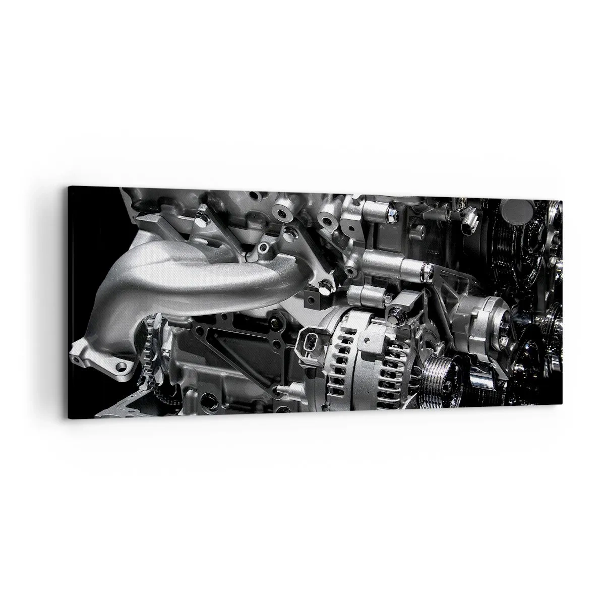 Cuadro sobre lienzo - Impresión de Imagen - Primer plano de piezas metálicas del motor sobre un fondo negro - 120x50cm - Acero, hermoso, fuerte - Decoración de pared moderna para salón y dormitorio ARTTOR
