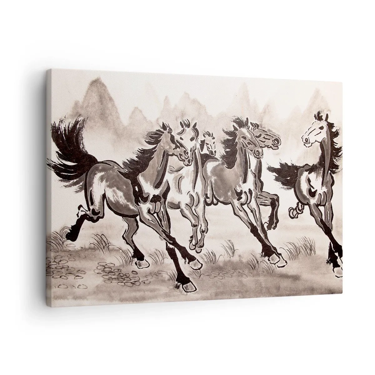 Cuadro sobre lienzo - Impresión de Imagen - Gráficos dinámicos de caballos al galope en estilo oriental. - 70x50cm - Al galope alegre - Decoración de pared moderna para salón y dormitorio ARTTOR