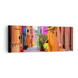 Cuadro sobre lienzo - Impresión de Imagen - Una calle colorida con casas de vecindad en tonos claros - 140x50cm - El callejón arco iris - Decoración de pared moderna para salón y dormitorio ARTTOR