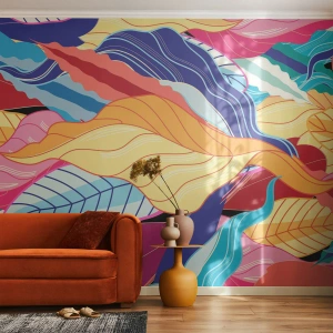 Fotomural Premium Sand - Gráficos de hojas coloridas en un estilo abstracto. - 100x70cm - Desorden colorido - Decoración de pared moderna para salón y dormitorio ARTTOR