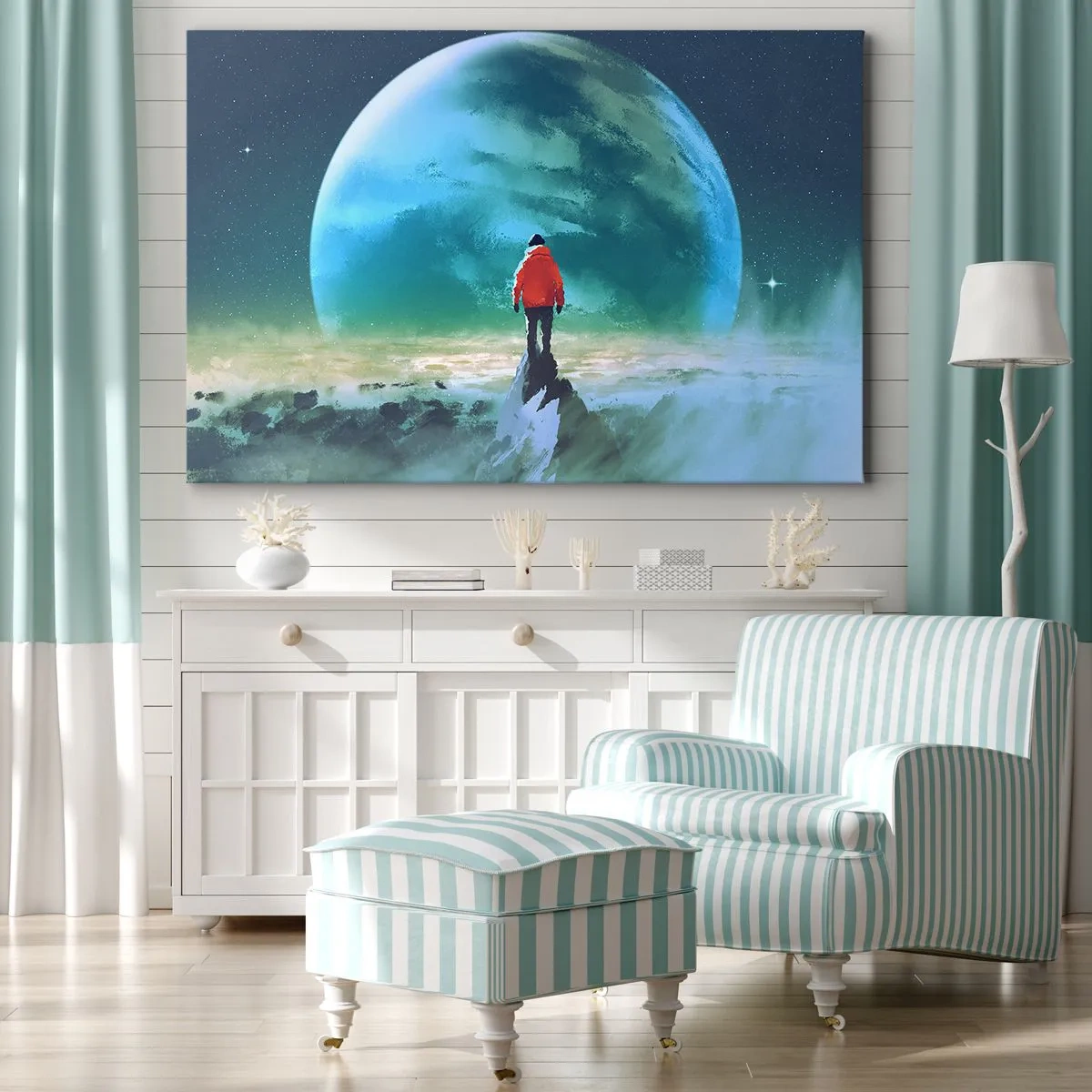 Cuadro sobre lienzo - Impresión de Imagen - Un hombre con una chaqueta roja de pie frente a un gran planeta con estrellas en el fondo. - 70x50cm - Descubridor de una nueva Tierra - Decoración de pared moderna para salón y dormitorio ARTTOR